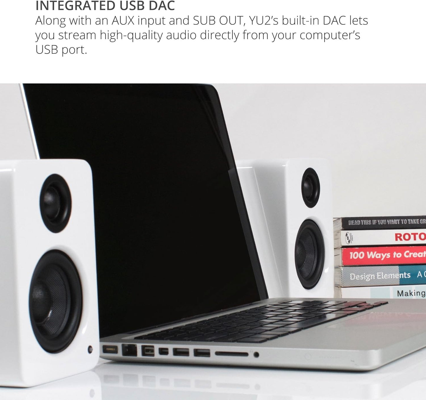 YU2MW PC Gaming Desktop Speakers | 3" Composite Drivers | 3/4" Silk Dome Tweeter | Class D Amplifier | 100 Watts | Built-In USB DAC | Subwoofer Output | Pair | Matte White