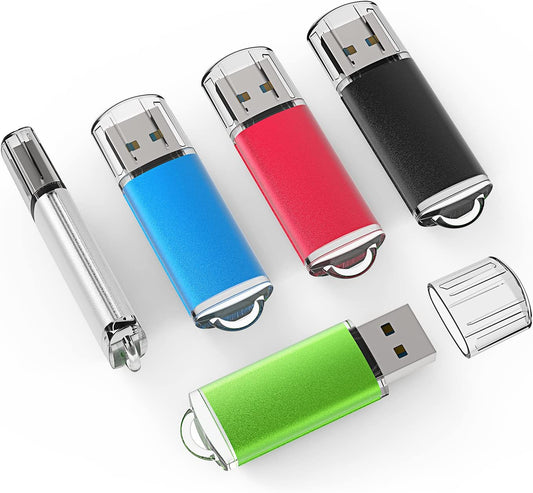 5 Pack 32GB USB 2.0 Flash Drive Memory Stick Thumb Drives (5 Mixed Colors: Black Blue Green Red Silver)