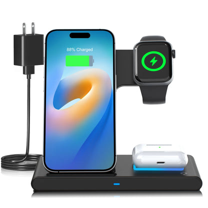 3 in 1 Wireless Charging Station, 15W QC3.0 Magnetic Fast Charging Stand Dock, Wirelss Charger for Iphone 15 14 13 12 11 Pro Max XS XR, Iwatch Series 9 8 7 6 5 4 3 2 SE, Airpods 3 2 Pro (Black)