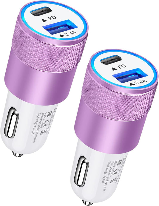 USB C Car Charger, [2Pack] PD 3.0 30W USB C Car Adapter Fast Charge, Dual Port USB Type C Cargador Carro Lighter Plug for Iphone 15 14 13 Pro Max 13Pro Mini 12 11, Power USBC Automobile Block C Type