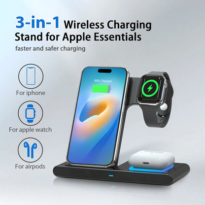 3 in 1 Wireless Charging Station, 15W QC3.0 Magnetic Fast Charging Stand Dock, Wirelss Charger for Iphone 15 14 13 12 11 Pro Max XS XR, Iwatch Series 9 8 7 6 5 4 3 2 SE, Airpods 3 2 Pro (Black)